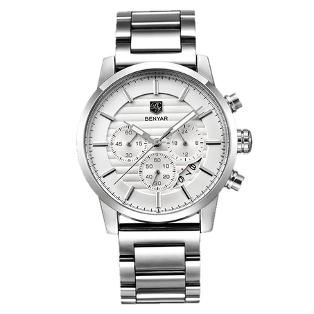 BENYAR BY-5104B – montre chronographe de luxe pour hommes avec bracelet en acier inoxydable – Blanc & Argenté