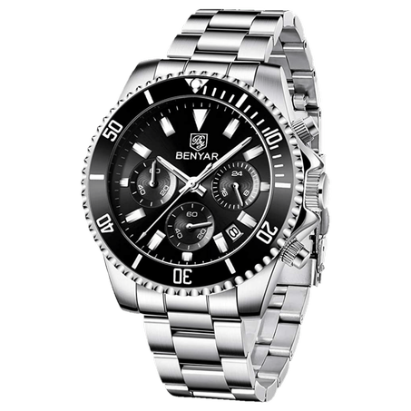 BENYAR BY-5170B – montre chronographe de luxe pour hommes avec bracelet en acier inoxydable – Noir & Argenté