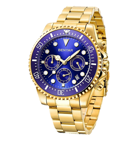 BENYAR BY-5154A – montre chronographe de luxe pour hommes avec bracelet en acier inoxydable – Bleu & Doré