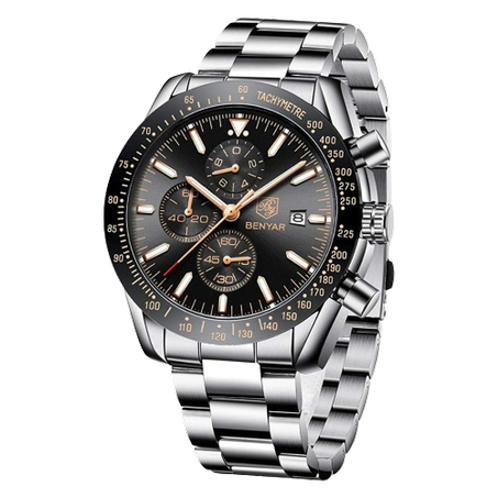 BENYAR BY-5120C Montre Homme Chronographe Étanche en Acier Inoxydable – Noir .