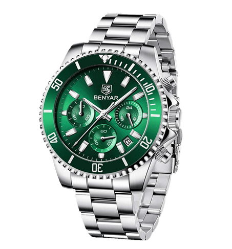 BENYAR BY-5170A – montre chronographe de luxe pour hommes avec bracelet en acier inoxydable – Vert & Argenté