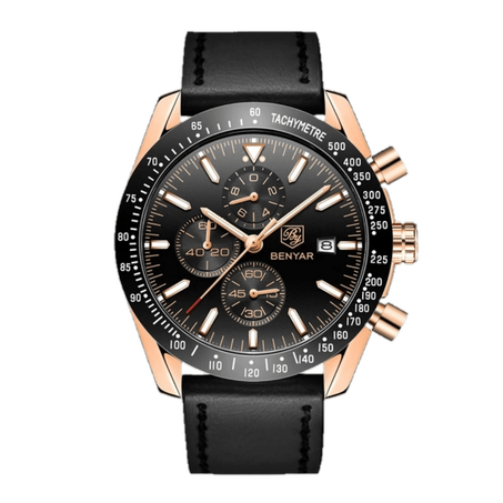 BENYAR BY-5140F Montre Homme Chronographe Étanche avec bracelet en Cuir – Noir & Doré