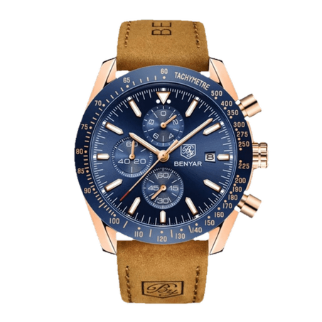 BENYAR BY-5140B Montre Homme Chronographe Étanche avec bracelet en Cuir Dan – Bleu & Doré