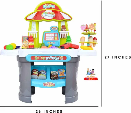لعبة سوبر ماركت للتسوق من البقالة ، وحامل تسجيل للأطفال الصغار يشمل طعام اللعب ، والسلع المعلبة ، وماسحة الألعاب ، وأموال اللعب
