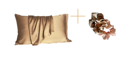 Pack cadeau = Taie d'oreiller en pure soie couleur Taupe + 2 chouchous rose et taupe