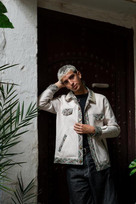 Moroccan hand made beige with unique design carpet Jacket UNISEX