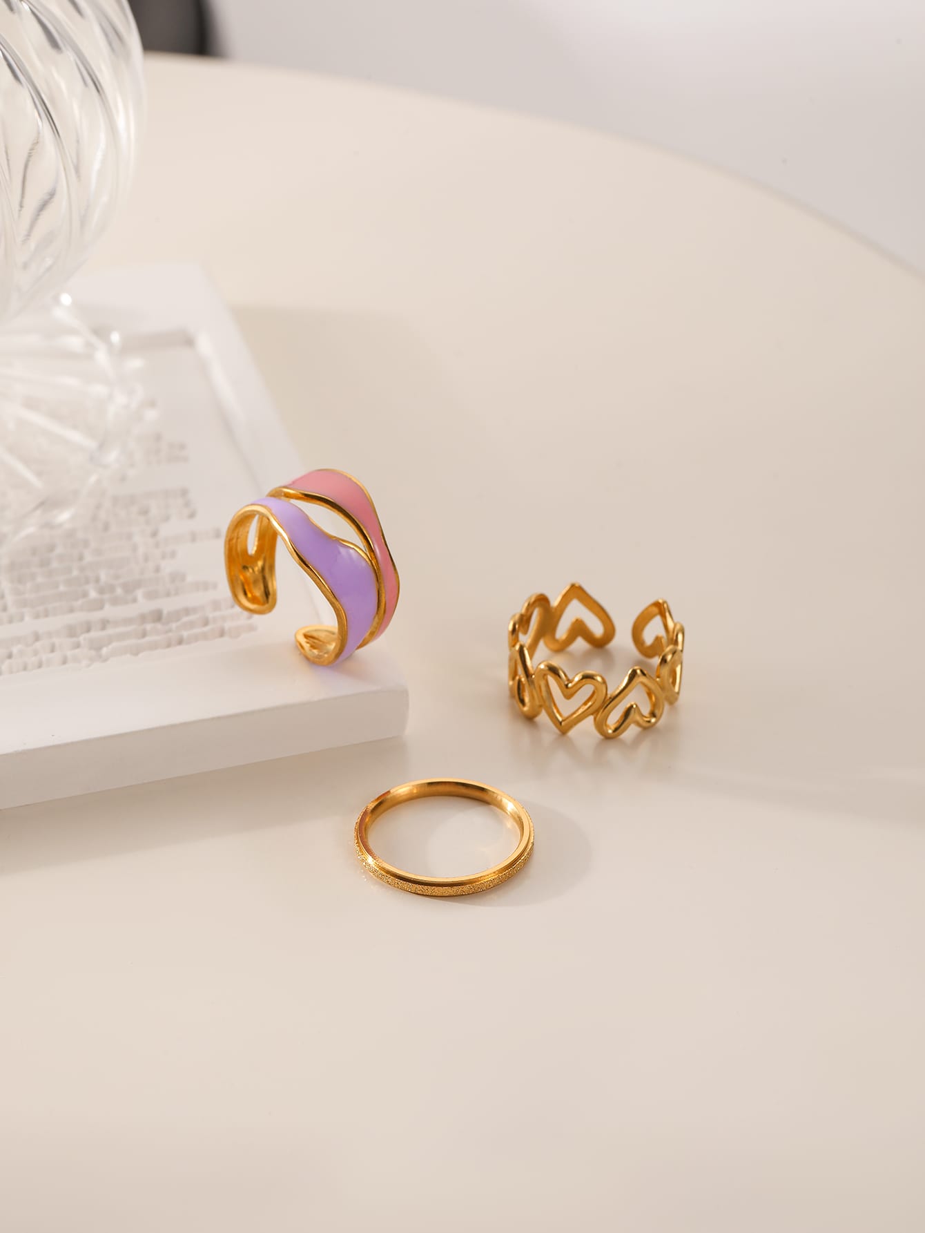3pcs/set Bague à cœur creux acier inoxydable