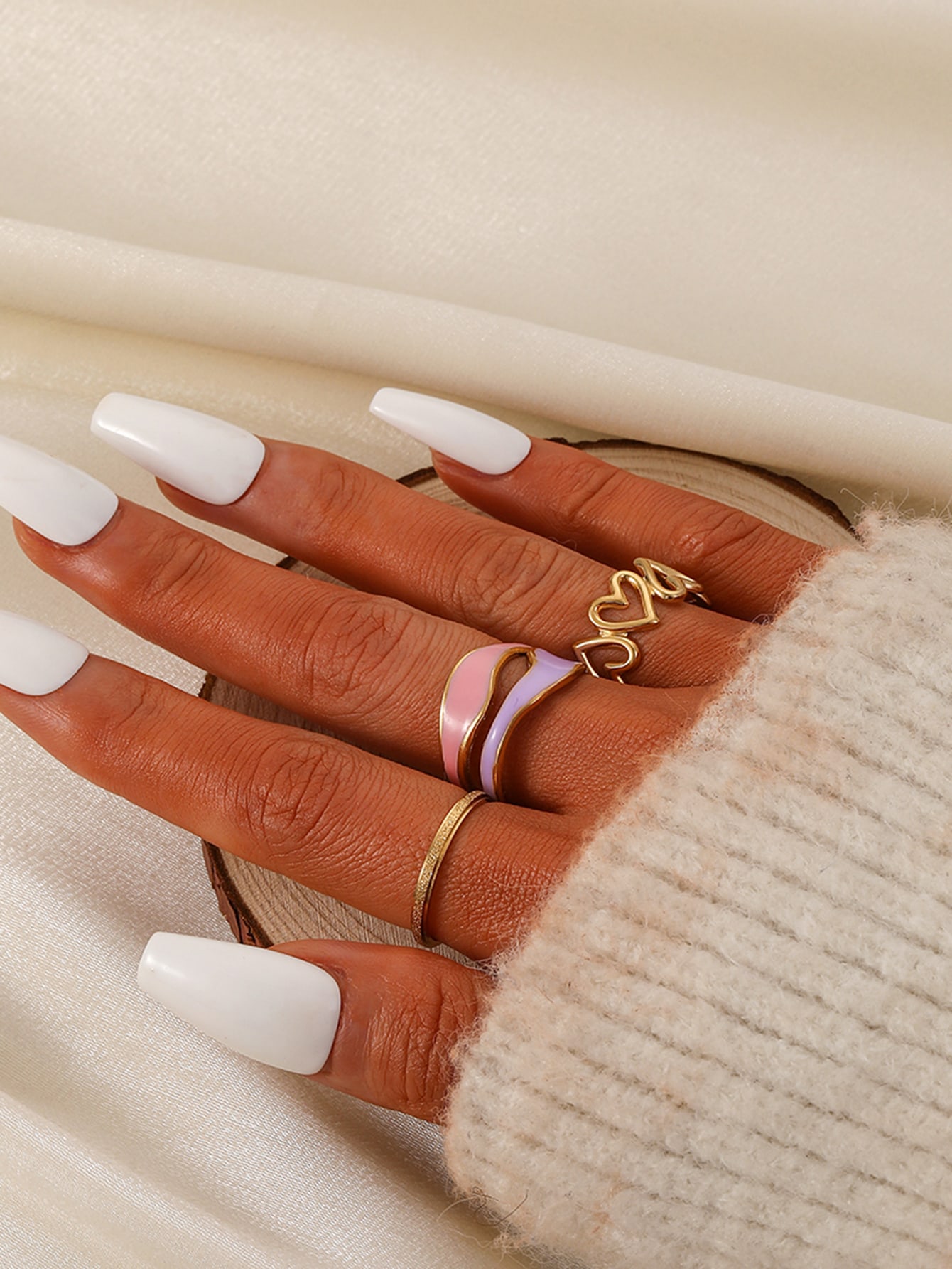 3pcs/set Bague à cœur creux acier inoxydable