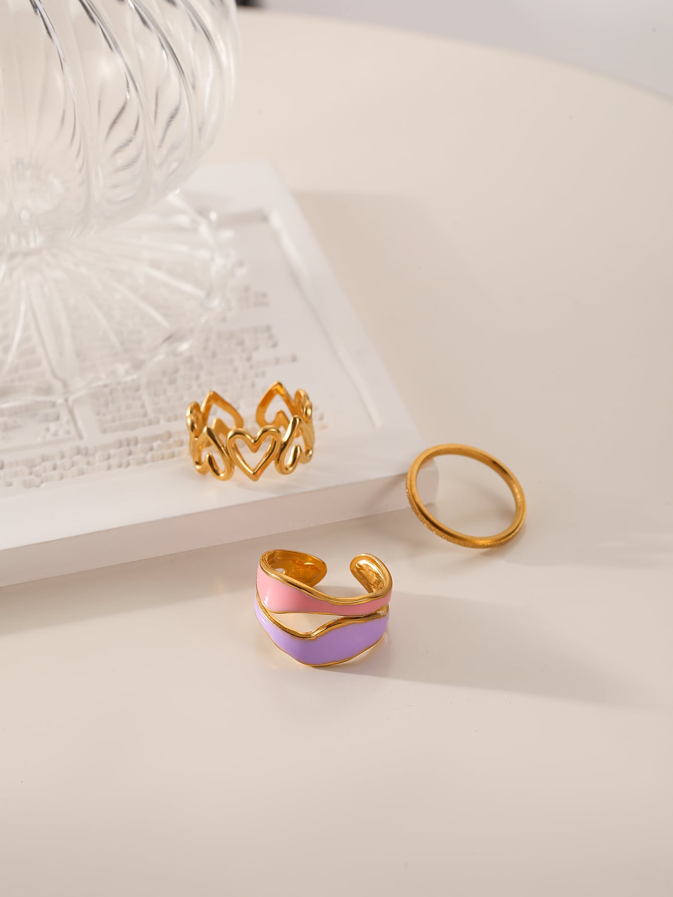 3pcs/set Bague à cœur creux acier inoxydable