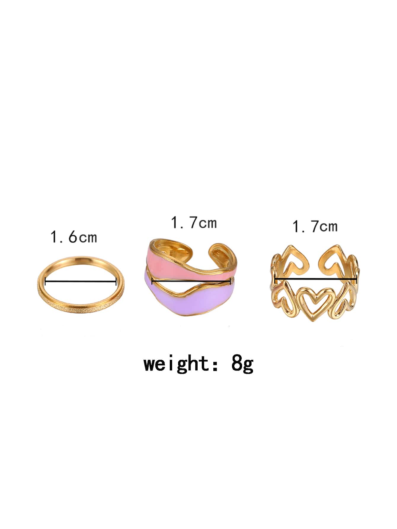 3pcs/set Bague à cœur creux acier inoxydable
