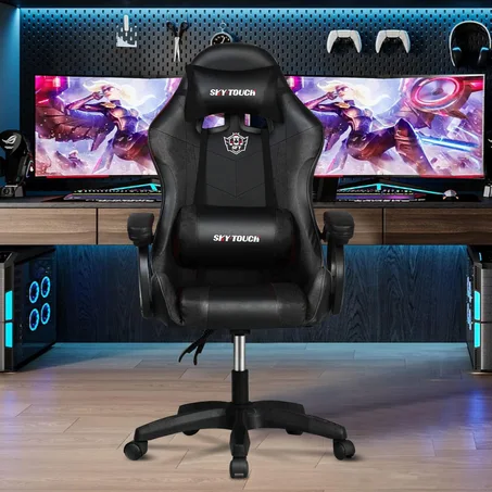 كرسي العاب بظهر مرتفع من سكاي-تاتش، كرسي كمبيوتر قابل للتعديل مصنوع من الجلد الصناعي، بتصميم مريح لدعم اسفل الظهر مزود بمسند راس وذراع مريح، لون اسود، حديد