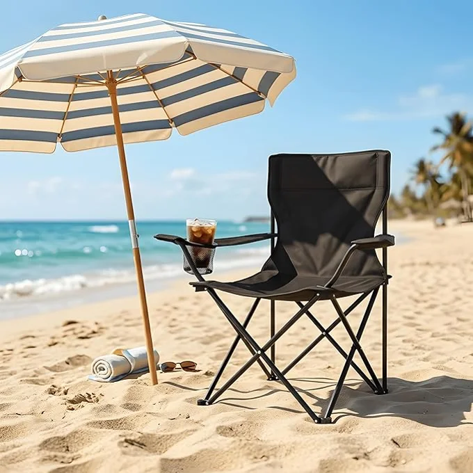 EGGREE 1 Pièce Chaise de Camping Pliable Noire, Hydrofuge et Résistante aux Déchirures, Capacité de Charge de 100 kg avec Porte-Gobelet et Sac de Transport pour Camping, Barbecue, Pique-Nique