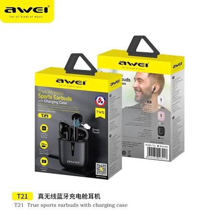 Awei Écouteurs Earbuds TWS Bluetooth Sans Fil Stéréo Bass Son Tactile - T21 - Noir