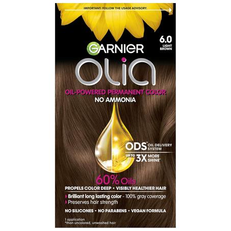 Garnier Hair Color Olia - Tinte permanente sin amoníaco, color brillante, rico en aceite, 6.0 castaño claro, 1 unidad (el empaque puede variar)