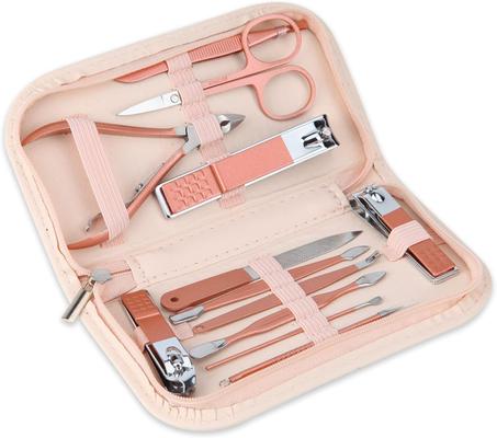 Juego de cortaúñas y herramientas de belleza portátiles, set de manicura 12 en 1 de acero inoxidable martensítico en oro rosa, con bolsa de cuero rosa, ideal para el hogar y el trabajo.