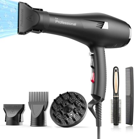Secador de pelo iónico profesional con motor de CA, secado rápido, difusor, peine, boquilla y concentrador, para cabello rizado y liso, 2 velocidades y 3 niveles de calor, botón de frío, colo
