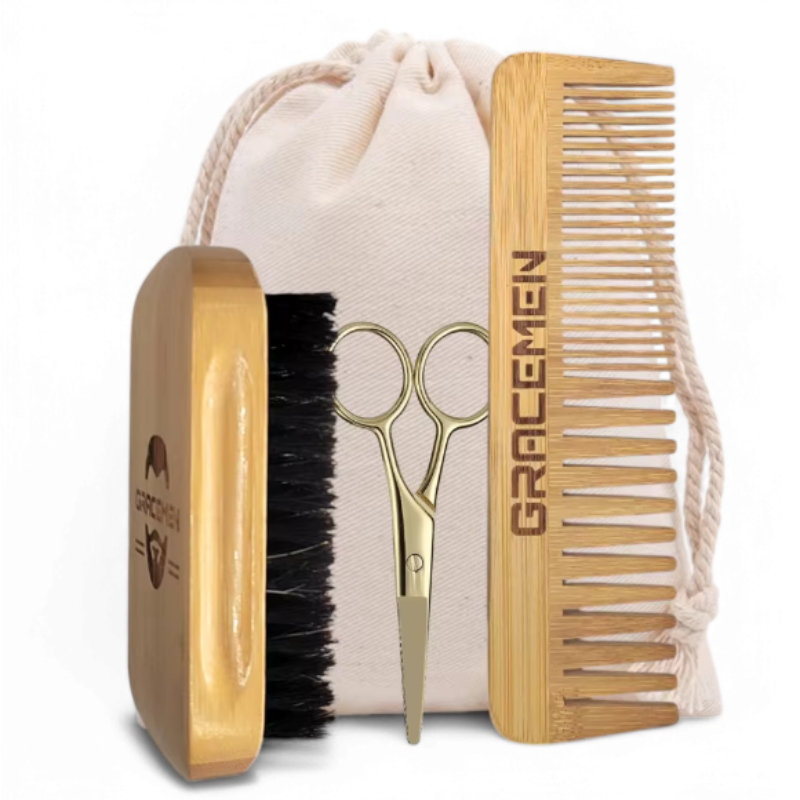 kit d'entretien barbe & moustache (ciseaux + peigne + brosse)