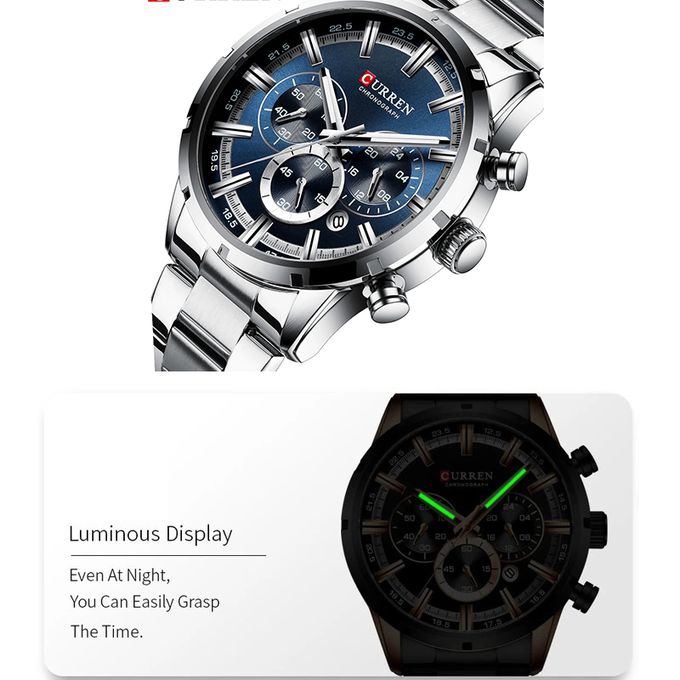 ساعة يد كورين عسكرية كرونوغراف مقاومة للماء باللون الفضي /Curren Military Chronograph Waterproof Silver Watch