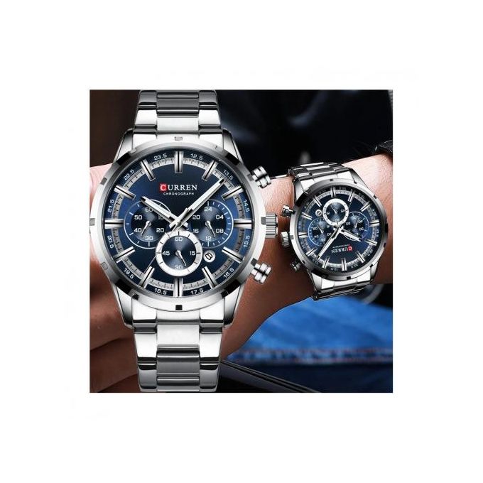 ساعة يد كورين عسكرية كرونوغراف مقاومة للماء باللون الفضي /Curren Military Chronograph Waterproof Silver Watch