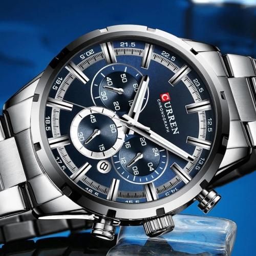 ساعة يد كورين عسكرية كرونوغراف مقاومة للماء باللون الفضي /Curren Military Chronograph Waterproof Silver Watch
