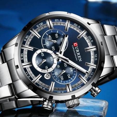 ساعة يد كورين عسكرية كرونوغراف مقاومة للماء باللون الفضي /Curren Military Chronograph Waterproof Silver Watch
