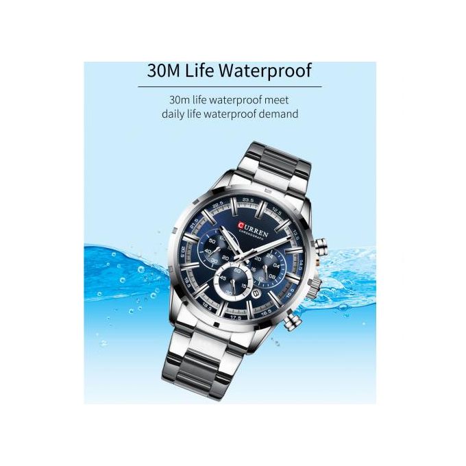 ساعة يد كورين عسكرية كرونوغراف مقاومة للماء باللون الفضي /Curren Military Chronograph Waterproof Silver Watch