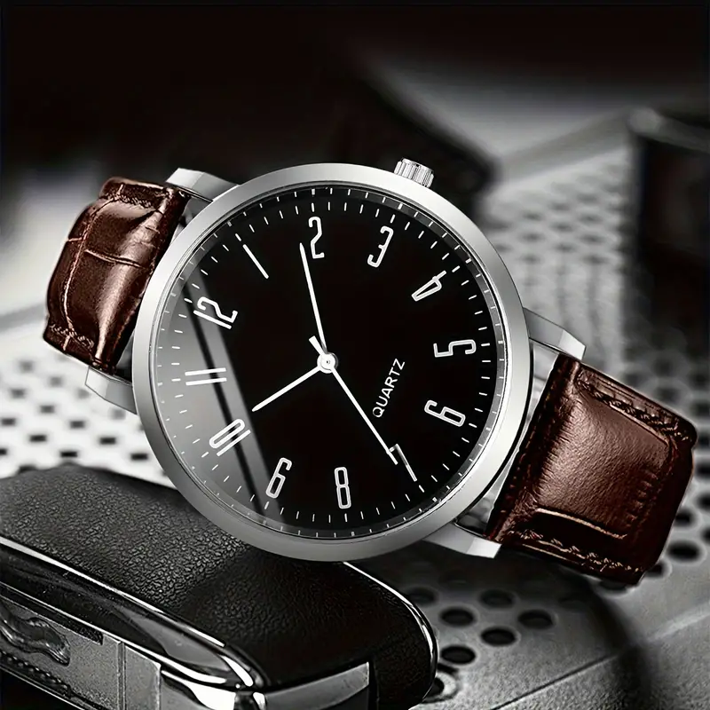 5pcs/set Montre À Quartz Ronde Vintage Avec Pointeur De Mode Analogique En Cuir PU Et Bracelet Tressé, Cadeau Pour Hommes Et Femmes