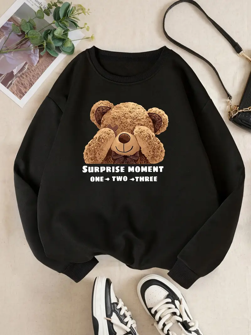 دب ورسالة طباعة قميص فضفاضة ، وبلوزات طاقم الطاقم الطويلة الطويلة ، وملابس النساء