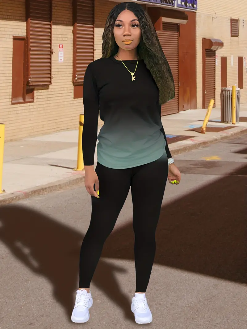 Ensemble Deux Pièces Sportif Décontracté, T-shirt À Manches Longues Dégradé Et Tenues De Pantalons Slim Solides, Vêtements Pour Femmes