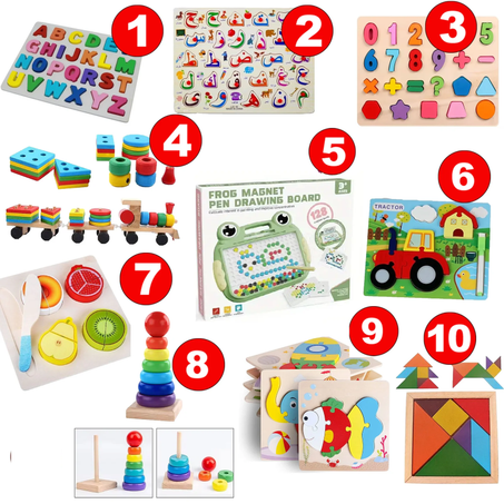 Pack de 10 jouets éducatifs en bois