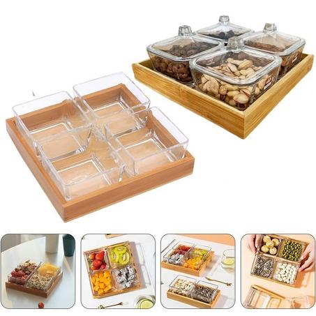 Assiette à fruits secs 4 Assiettes en Verre avec couvercles , bambou et bois