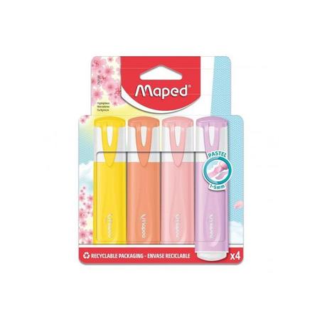 Maped Surligneurs Pastel Pointe Biseautée Pour Trait de 1 à 5mm - Lot de 4 Couleurs Assorties