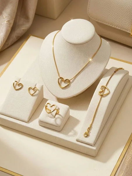 Luxury Heart Jewelry Set 4 Pieces for Women طقم مجوهرات قلب فاخر 4 قطع للنساء