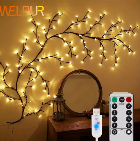 مصباح فرع شجرة 96LED لتزيين جدار غرفة النوم وشريط ضوء شجرة الكرمة الصفصافية و8 أوضاع إضاءة إضاءة جو DIY لإضاءة المنزل