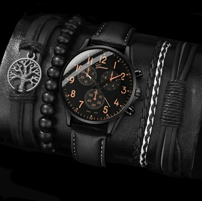 Ensemble montre analogique à quartz , bracelet en cuir  sport/d'affaires, boîtier en alliage pour homme
