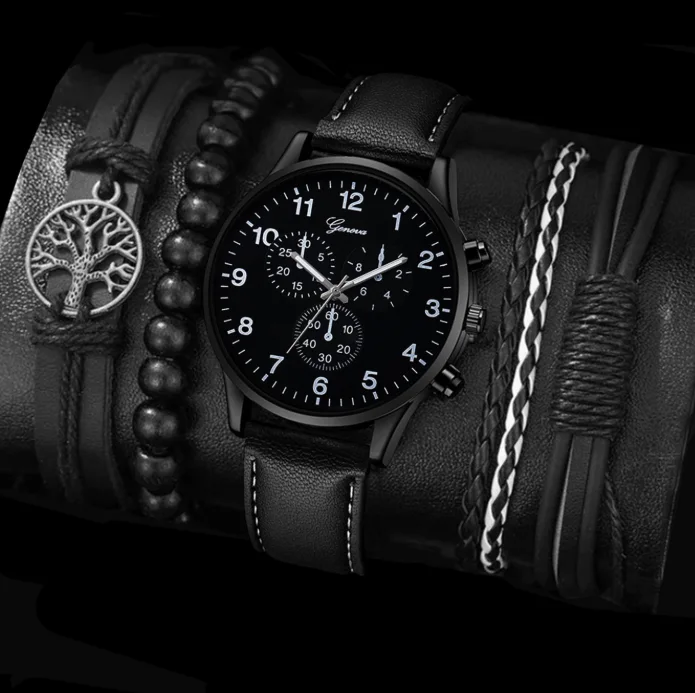 Ensemble montre analogique à quartz , bracelet en cuir  sport/d'affaires, boîtier en alliage pour homme