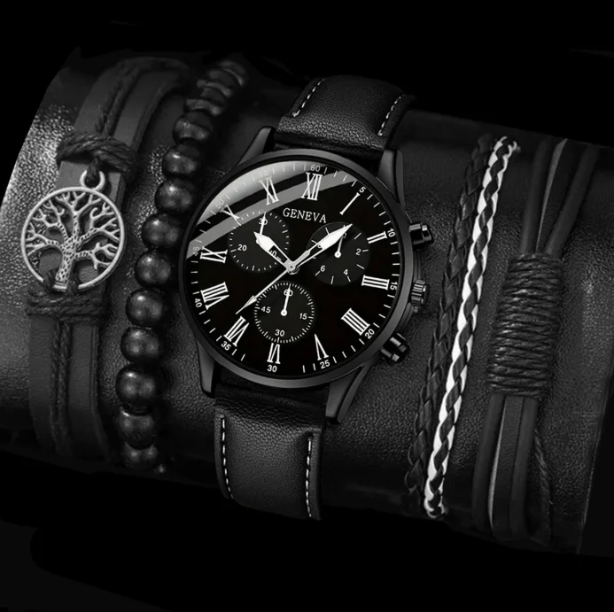 Ensemble montre analogique à quartz , bracelet en cuir  sport/d'affaires, boîtier en alliage pour homme