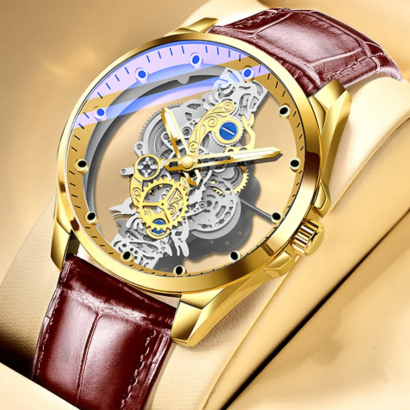 Montre quartz squelette à double face transparente, dotée d’un bracelet en cuir pour homme
