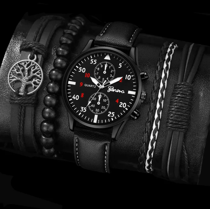 Ensemble montre analogique à quartz , bracelet en cuir  sport/d'affaires, boîtier en alliage pour homme