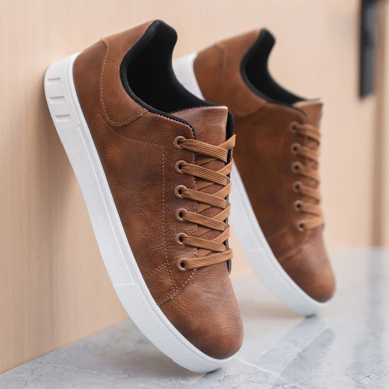 Chaussures de sport en cuir pour homme - Antidérapantes - Semelle plate - Chaussures de loisirs - Confortables - Antidérapantes - Confortables