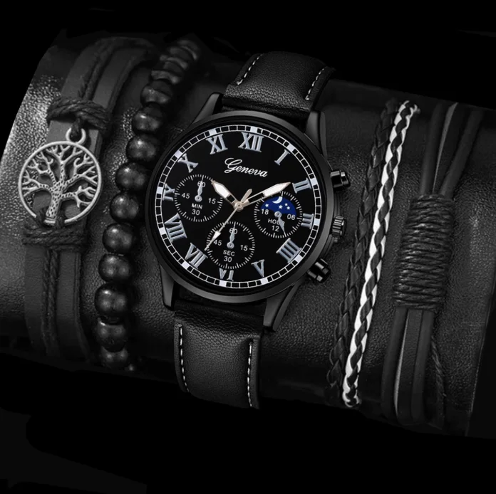 Ensemble montre analogique à quartz , bracelet en cuir  sport/d'affaires, boîtier en alliage pour homme