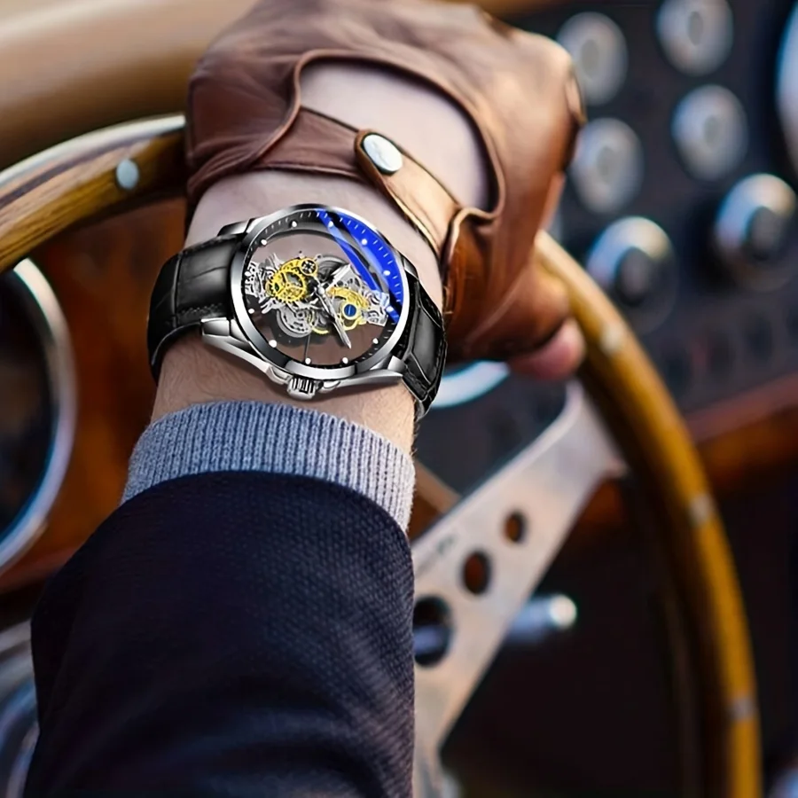 Montre quartz squelette à double face transparente, dotée d’un bracelet en cuir pour homme