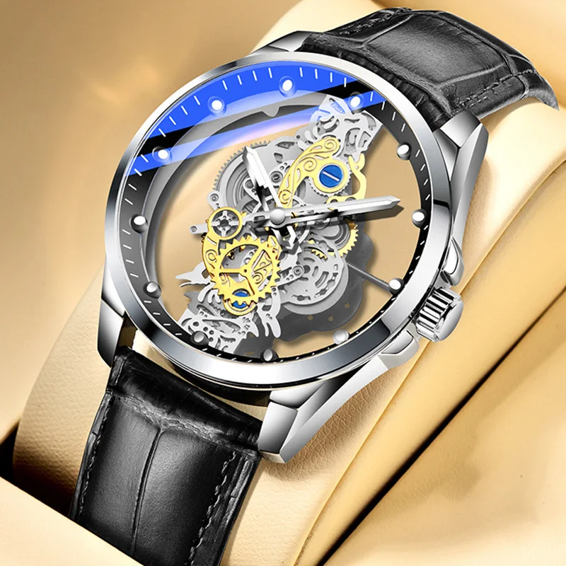 Montre quartz squelette à double face transparente, dotée d’un bracelet en cuir pour homme