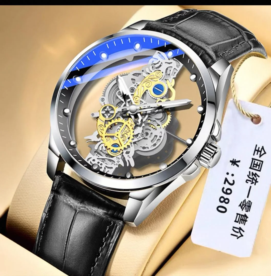 Montre quartz squelette à double face transparente, dotée d’un bracelet en cuir pour homme