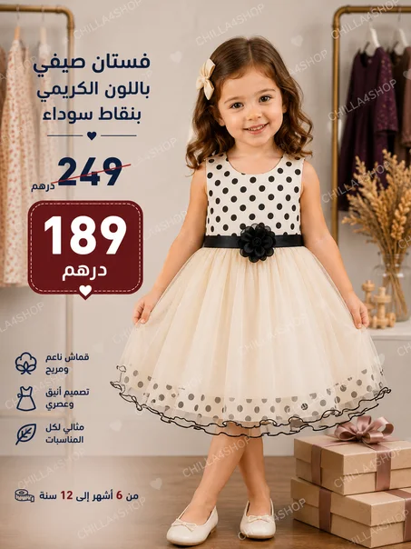 👗 فستان بناتي صيفي باللون الكريمي و نقاط سوداء 👗