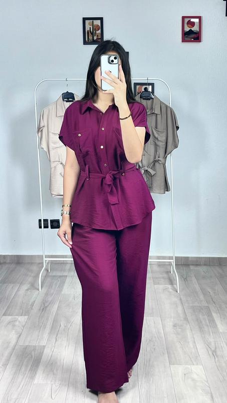 "أنصومبل صيفي أنيق من قماش اللولان الناعم – طوب بجيوب ورباط على الخصر مع سروال واسع"