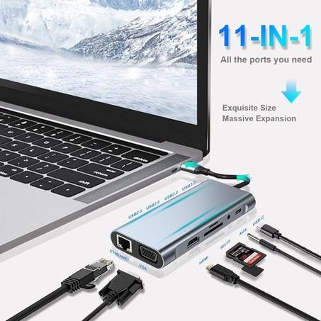 Hub USB-C 11-en-1 vers HDMI – Station de Travail Complète pour Ordinateurs Type-C