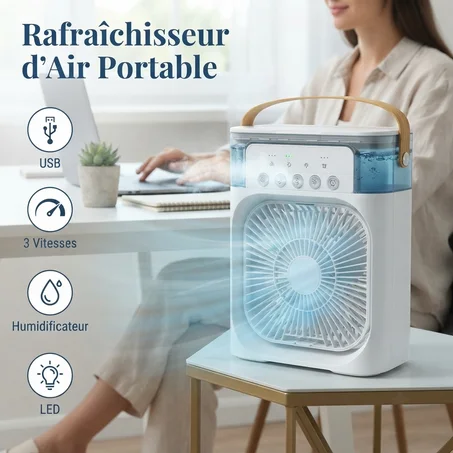 Mini Rafraîchisseur d'Air Portable 3 en 1 avec Humidificateur & LED