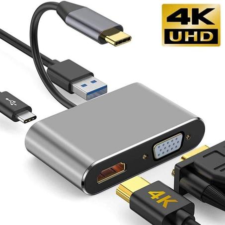 📺 Adaptateur USB-C vers HDMI + VGA + USB + PD – 4-en-1 pour Ordinateurs et Tablettes