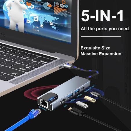 🖥️ Hub USB-C vers HDMI 5-en-1 – Avec Ethernet + USB 3.0 + PD